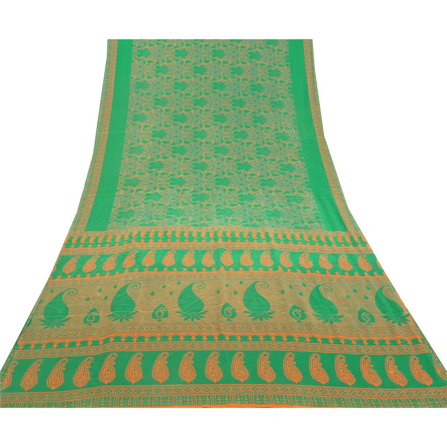 Sanskriti Vintage Green Sarees Moss Crepe Floral Printed Craft Sustainable Fabric Sari