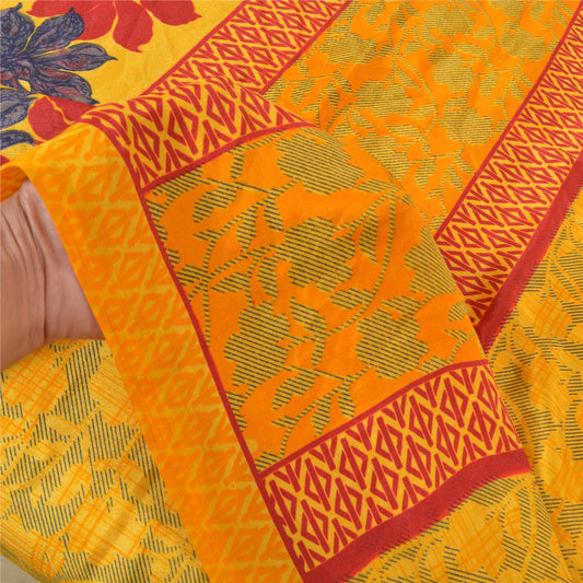 Sanskriti Vintage Yellow Sarees Moss Crepe Floral Printed Craft Sustainable Fabric Sari