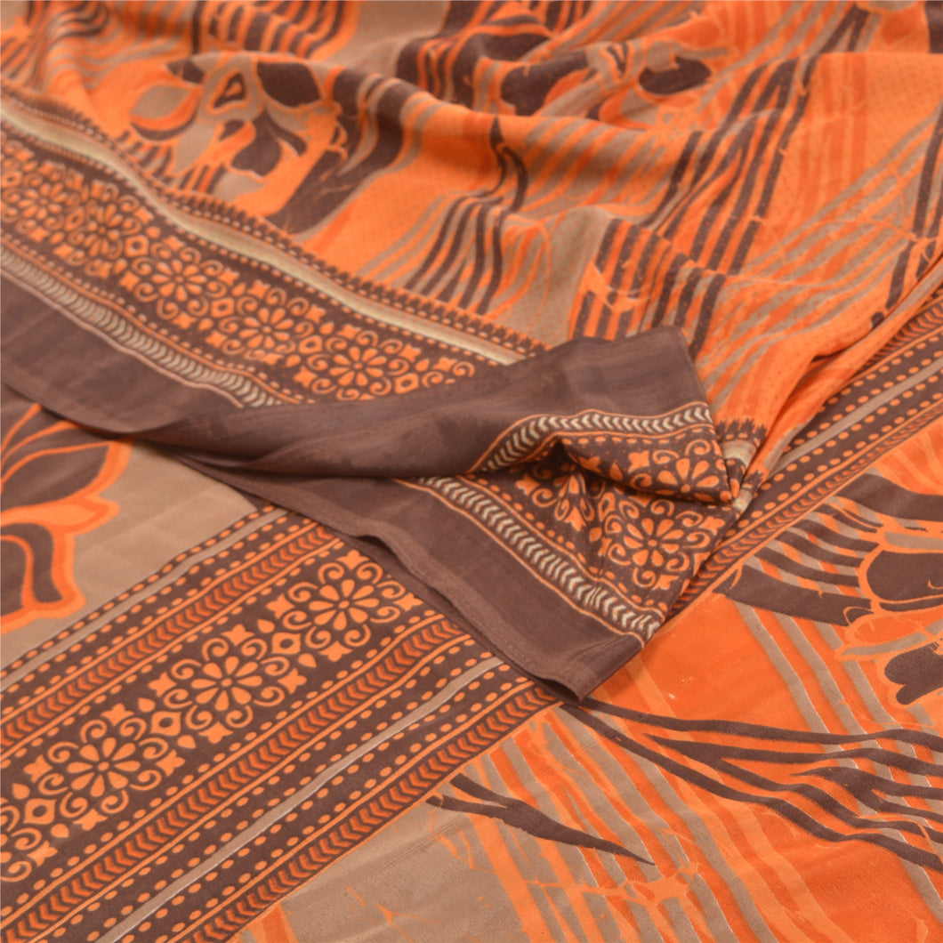 Sanskriti Vintage Orange Sarees Moss Crepe Floral Printed Craft Fabric Sari