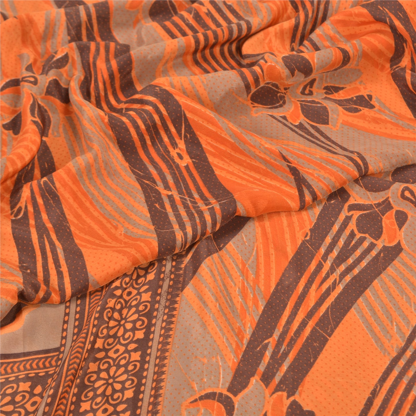 Sanskriti Vintage Orange Sarees Moss Crepe Floral Printed Craft Sustainable Fabric Sari