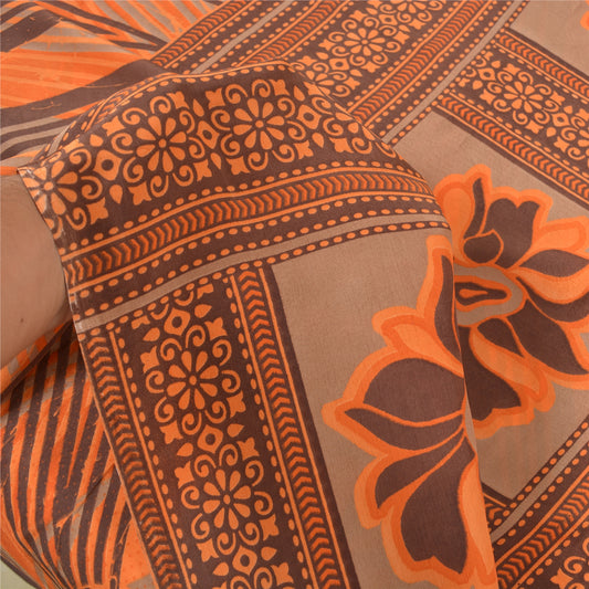 Sanskriti Vintage Orange Sarees Moss Crepe Floral Printed Craft Sustainable Fabric Sari