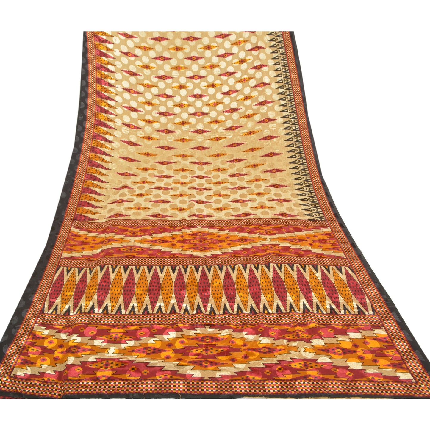 Sanskriti Vintage Cream Sarees Moss Crepe Printed Craft Sustainable Fabric Sari