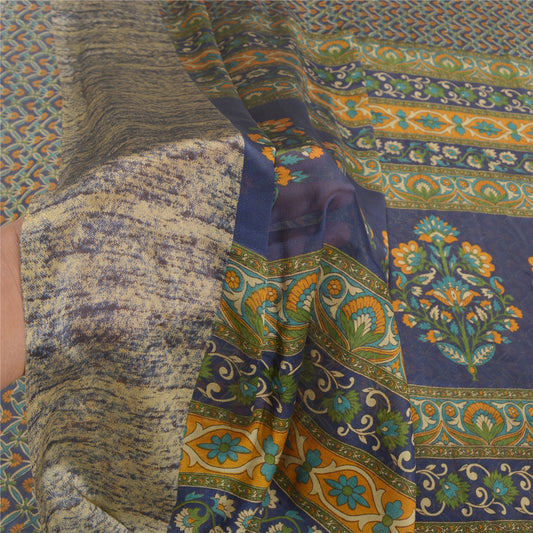 Sanskriti Vintage Blue Sarees Art Silk Printed Sustainable Fabric Craft Sewing Sari