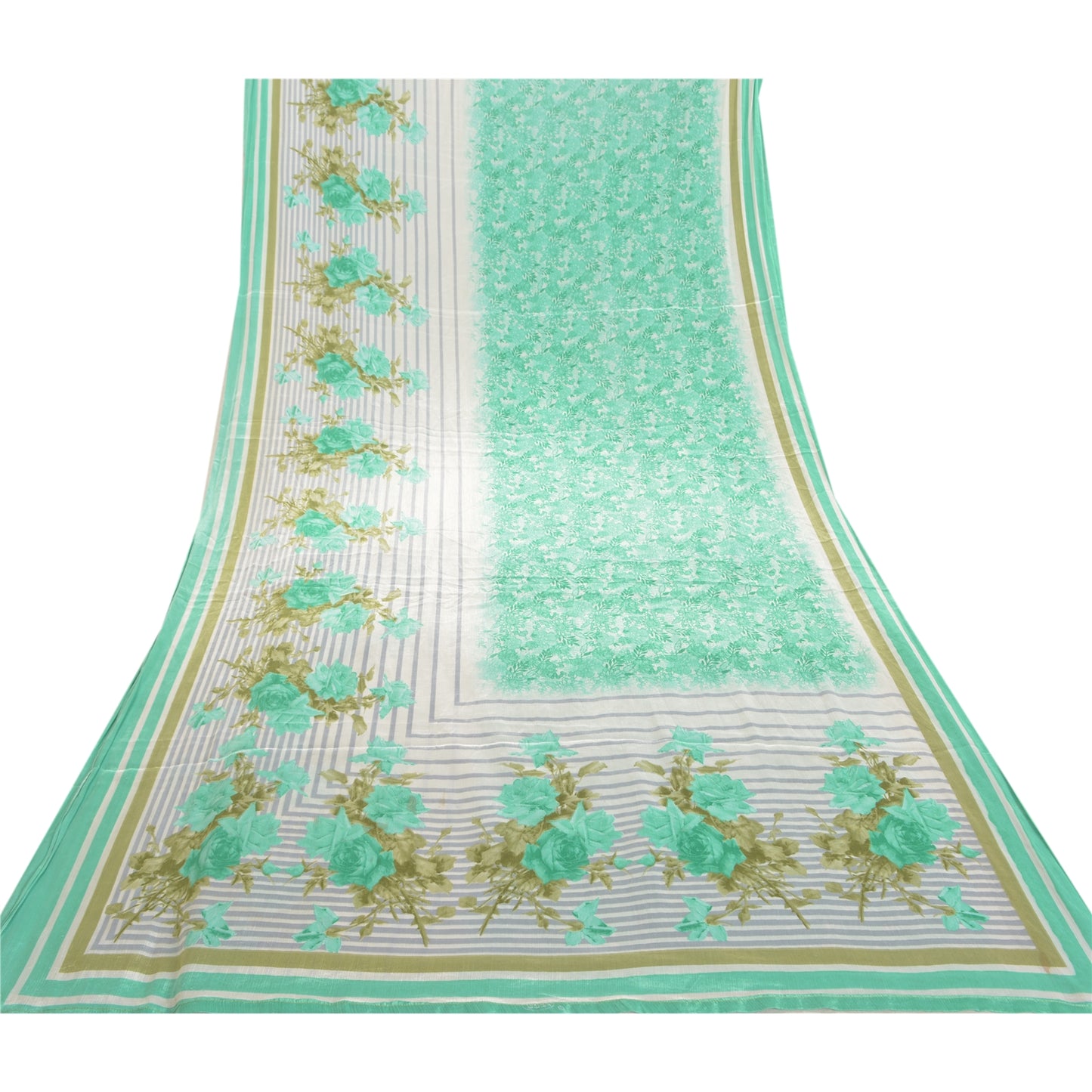 Sanskriti Vintage Green Sarees Moss Crepe Floral Printed Craft Sustainable Fabric Sari