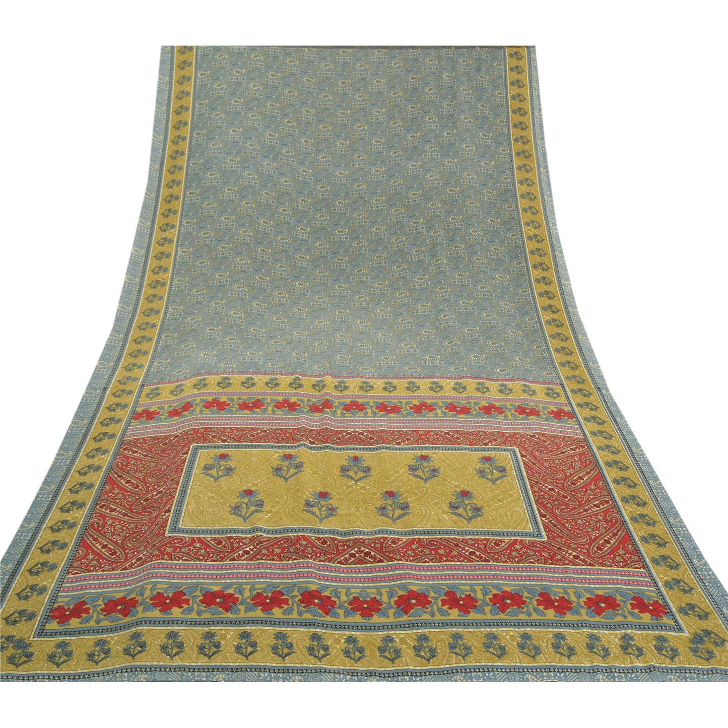 Sanskriti Vintage Grayish Blue Sarees Indian Moss Crepe Print Sari Craft Sustainable Fabric