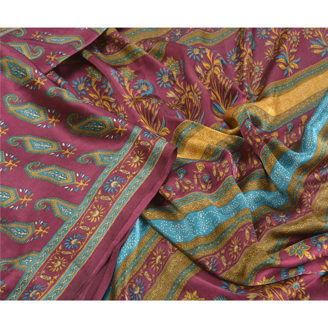 Sanskriti Vintage Purple Indian Sarees Moss Crepe Printed Sari Soft Craft Fabric