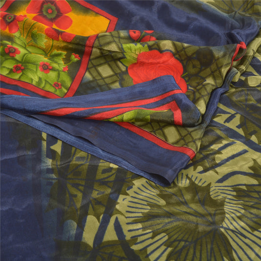 Sanskriti Vintage Green Indian Sarees Moss Crepe Printed Sari Soft Craft Sustainable Fabric