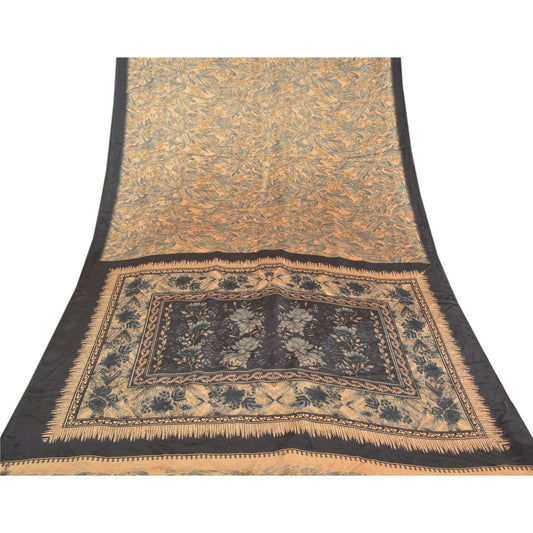 Sanskriti Vintage Fersken Sarier Mos Crepe Trykt Sari Blødt Blomster Håndværk Bæredygtigt Stoff