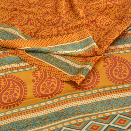 Sanskriti Vintage Saffron Sarees Moss Crepe Printed Sari Floral 5yd Craft Sustainable Fabric