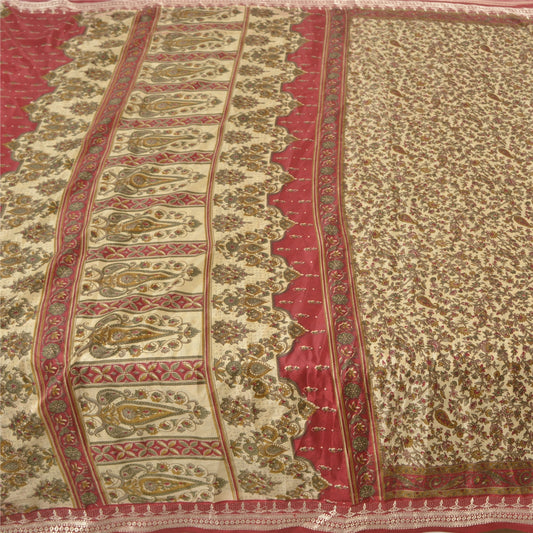Sanskriti Vintage Ivory Sarees Indian Moss Crepe Printed Sari Soft Craft Sustainable Fabric