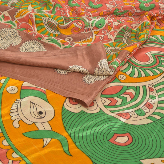 Sanskriti Vintage Red Peacock Sarees Moss Crepe Printed Sari Soft Craft Sustainable Fabric