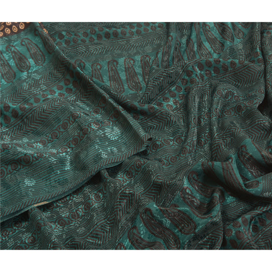 Sanskriti Vintage Black Sarees Moss Crepe Printed Floral Sari 5YD Craft Sustainable Fabric