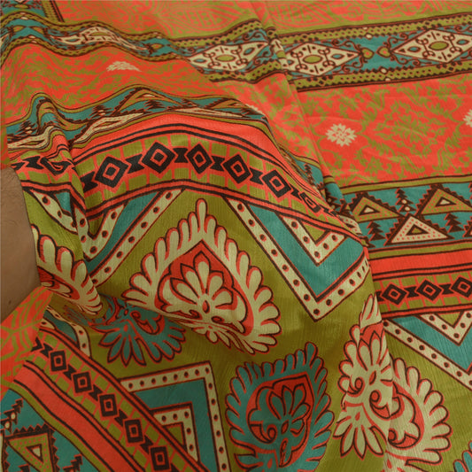 Sanskriti Vintage Orange Indian Printed Sarees Moss Crepe Sari 5yd Craft Sustainable Fabric