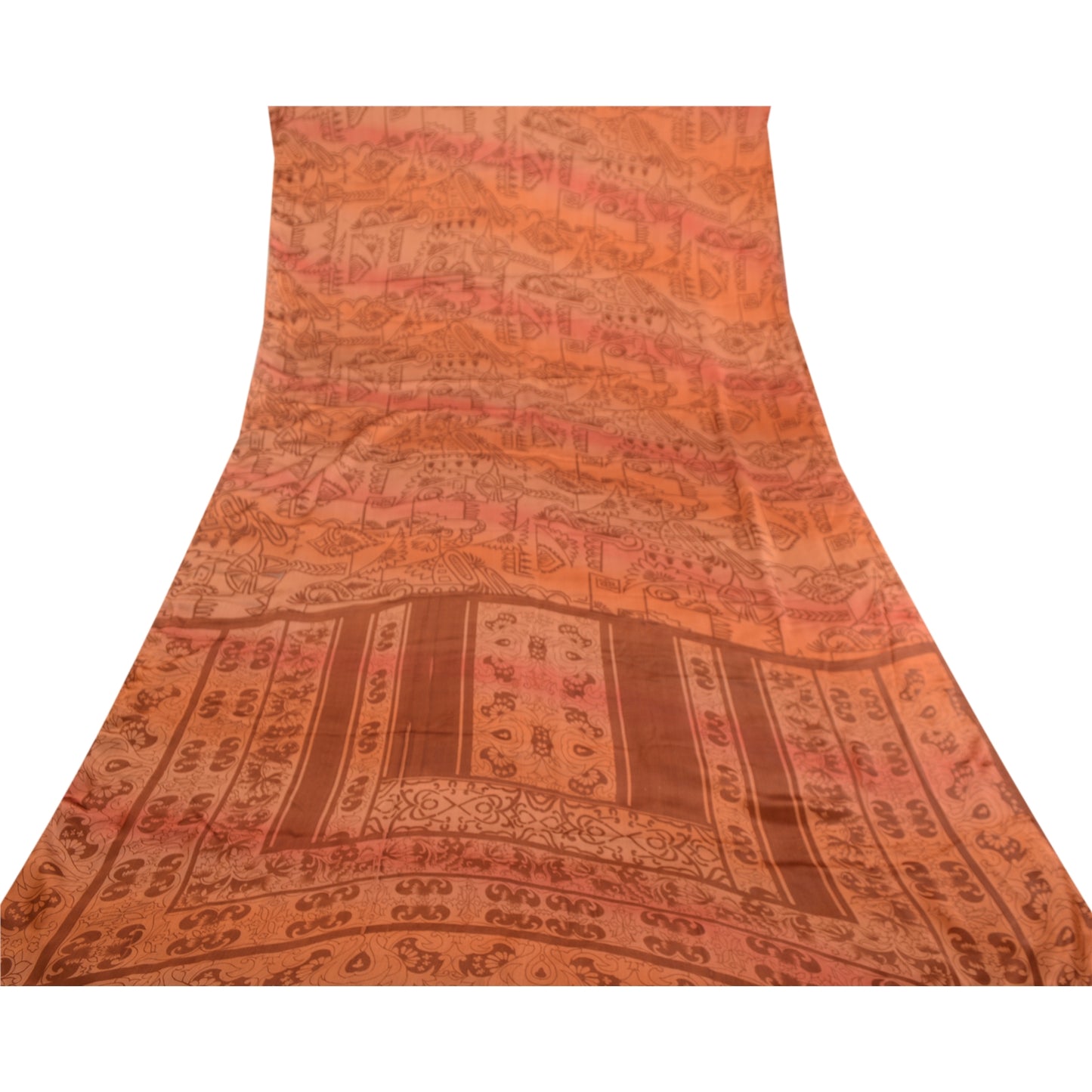 Sanskriti Vintage Sarees Brown Moss Crepe Sari Printed Floral Soft Craft Sustainable Fabric