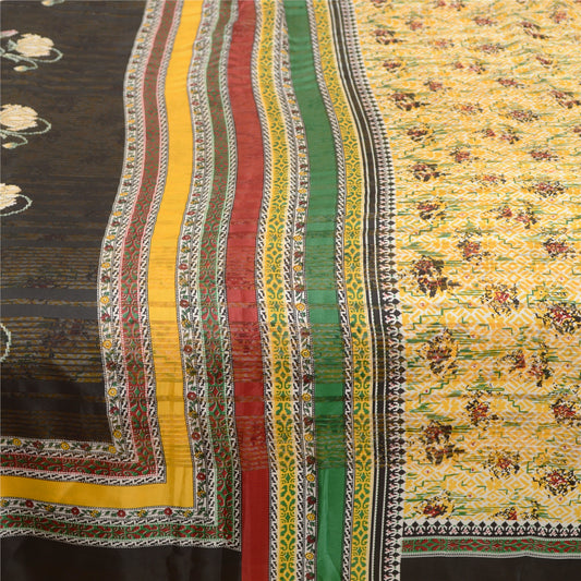 Sanskriti Vintage Sarees Yellow Moss Crepe Sari Printed Woven Soft Craft Sustainable Fabric