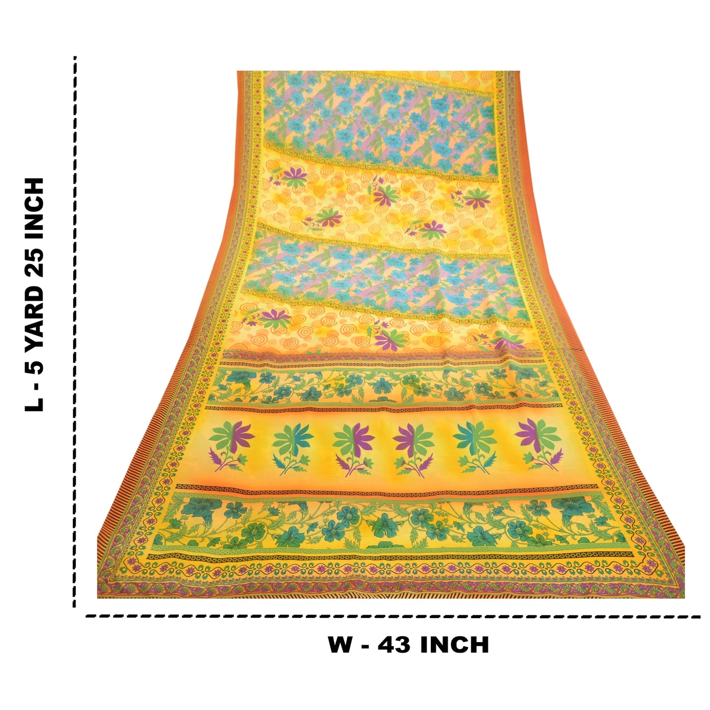 Sanskriti Vintage Sarees Indian Yellow Moss Crepe Sari Printed Soft Craft Sustainable Fabric