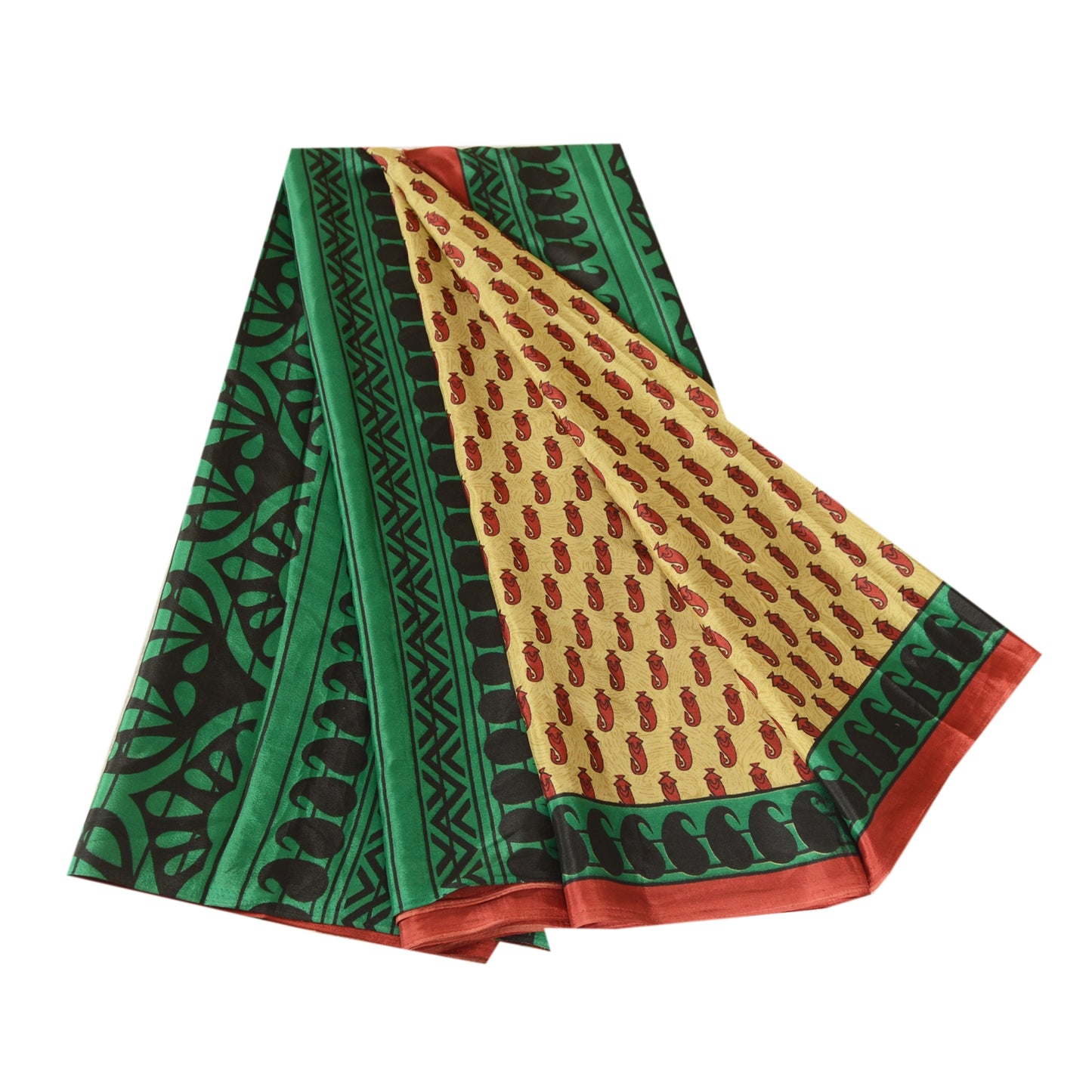 Sanskriti Vintage Sarees Indisk Beige Mos Crepe Sari Trykt Blødt Håndværksmæssigt Bæredygtigt Stoff