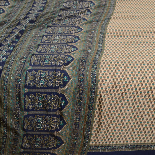 Sanskriti Vintage Sarees Cream Block Printed Mukesh Work Moss Crepe Sari Sustainable Fabric