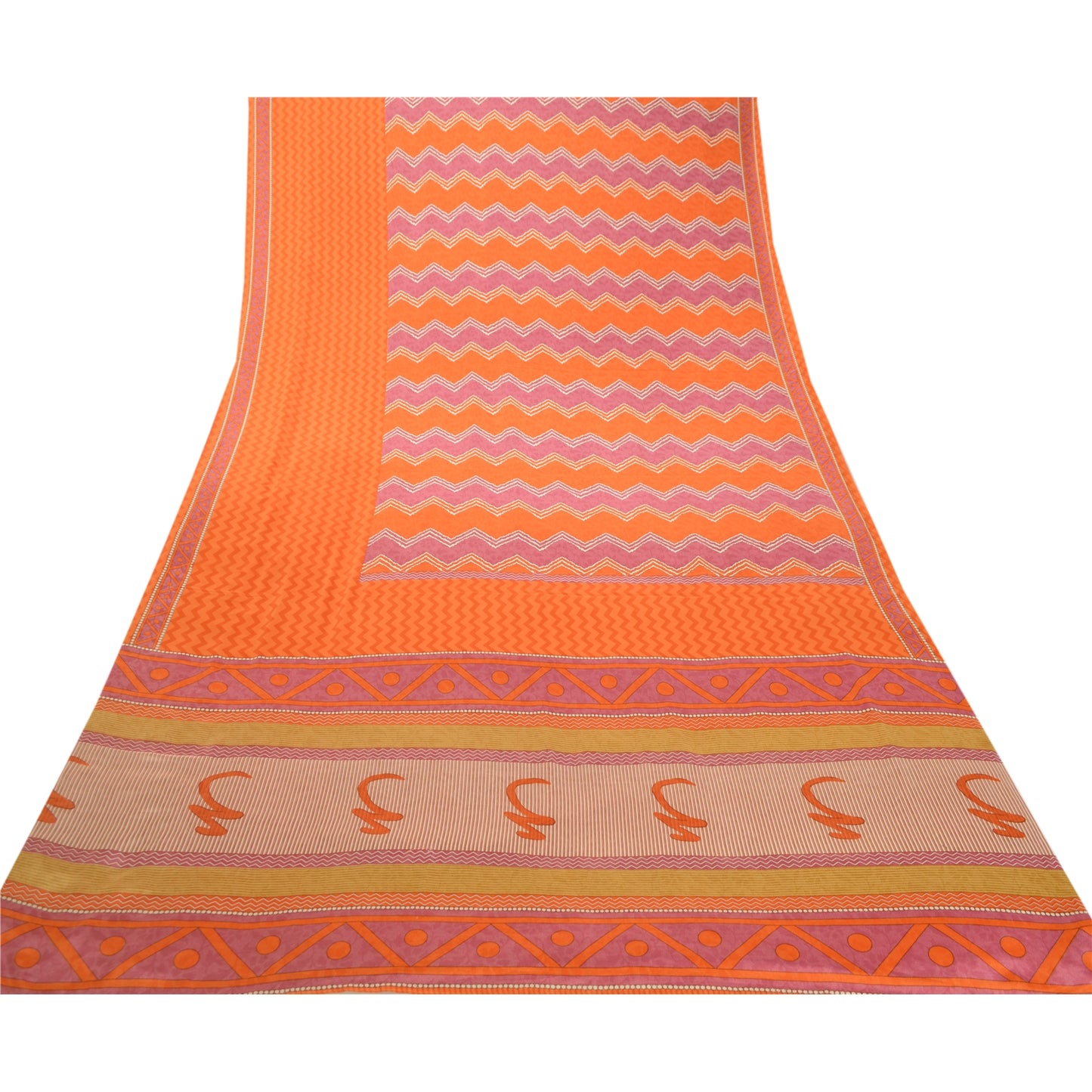 Sanskriti Vintage Sarees Indian Orange Moss Crepe Self Printed Sari Craft Sustainable Fabric