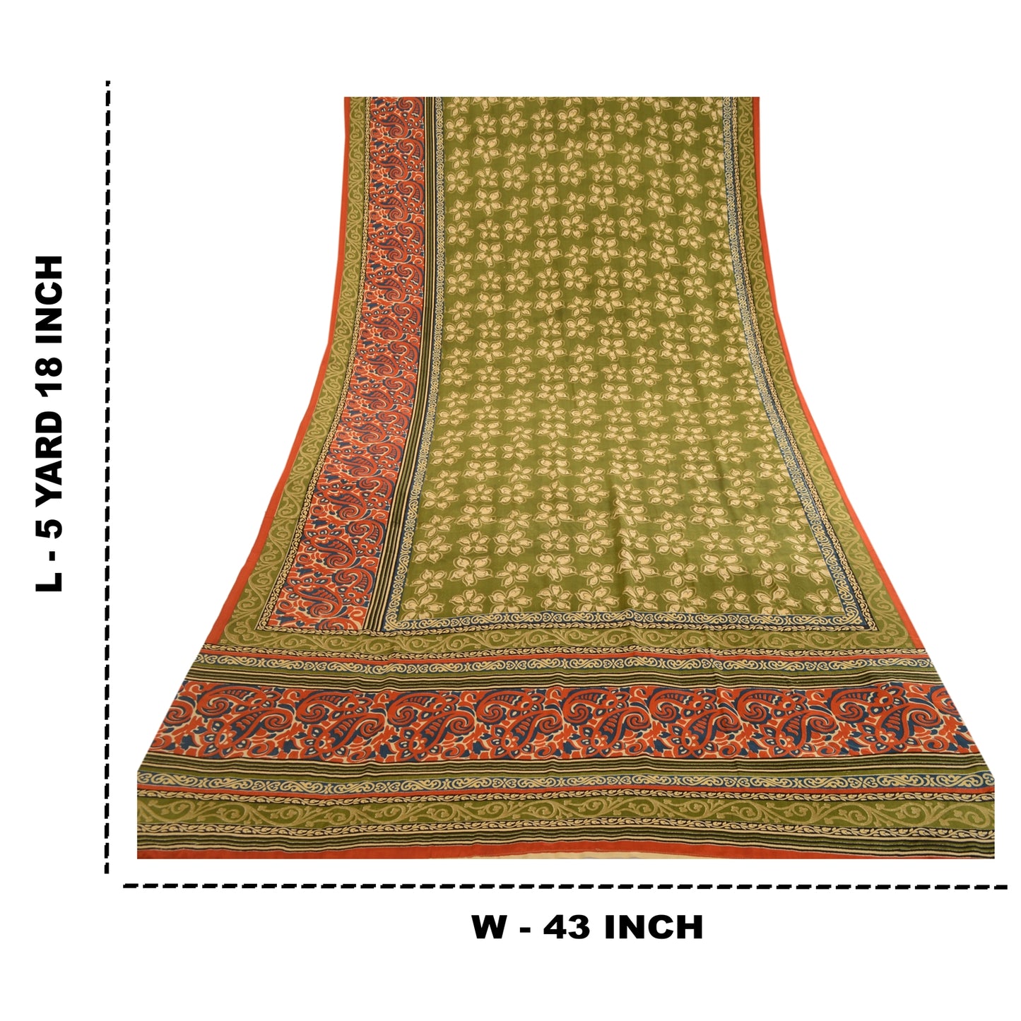 Sanskriti Vintage Sarees From India Green Printed Moss Crepe Sari Craft Sustainable Fabric