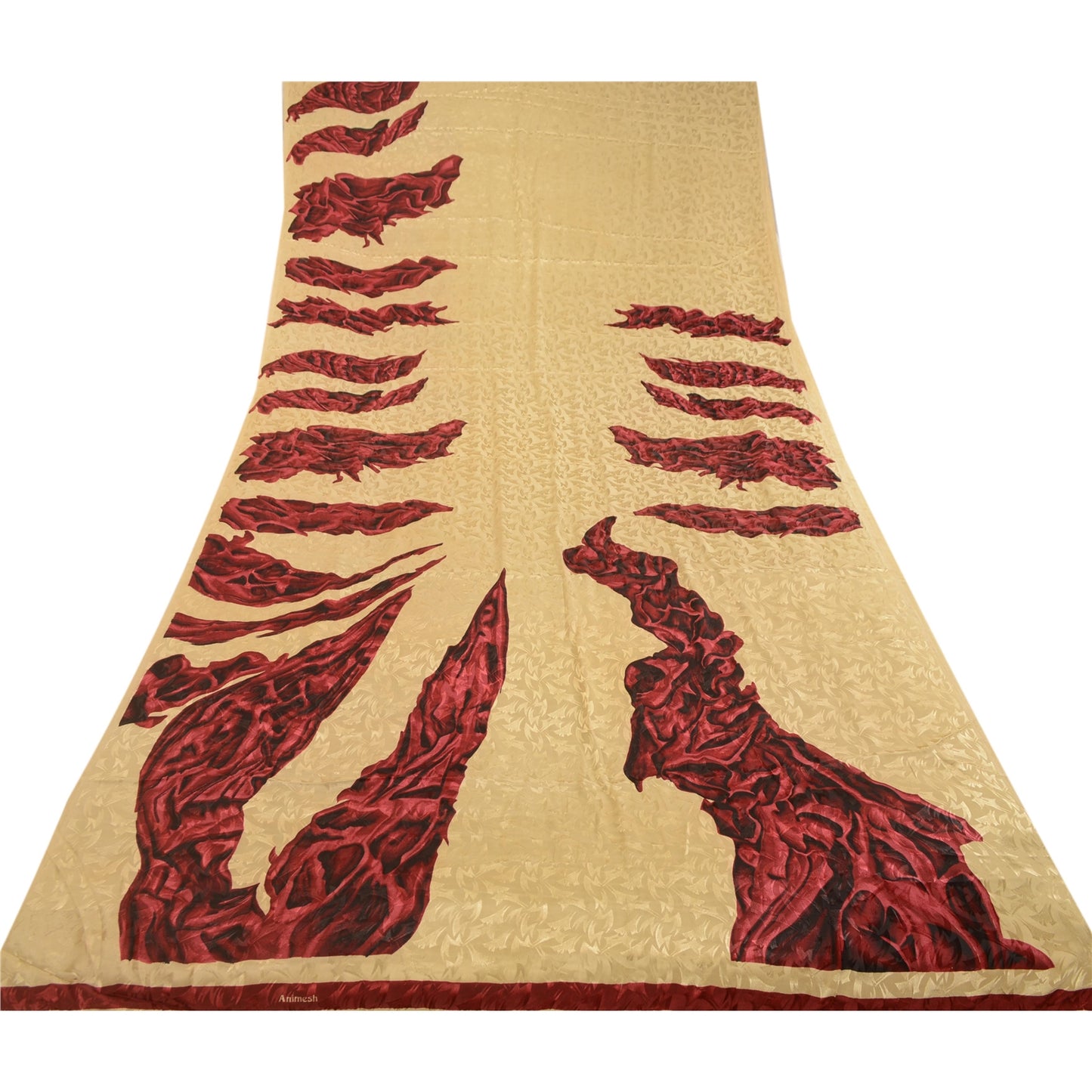 Sanskriti Vintage Sarees Cream Printed Self Moss Crepe Sari Floral Craft Sustainable Fabric