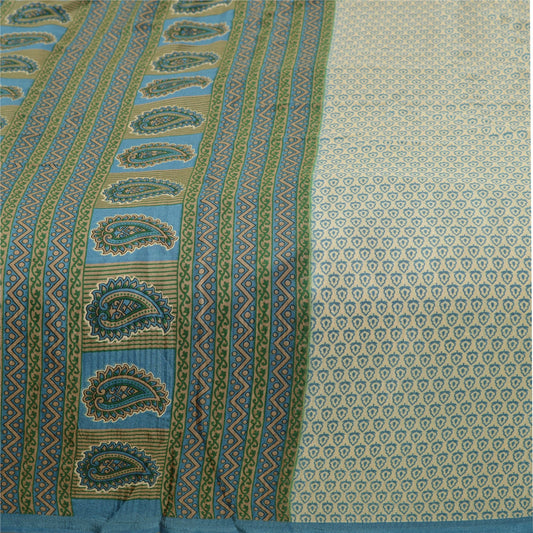 Sanskriti Vintage Sarees From India Ivory Printed Moss Crepe Sari Craft Sustainable Fabric