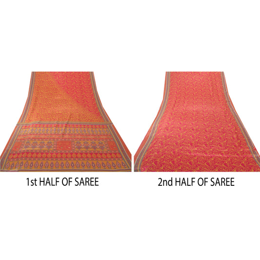 Sanskriti Vintage Orange Sarier Mos Crepe Trykt Sari 5 Yard Håndværk Dekoration Bæredygtigt Stoff