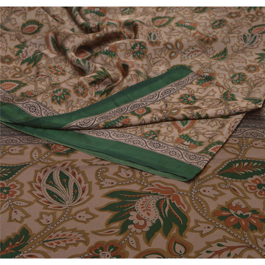 Sanskriti Vintage Trykte Brune Sarier Mos Crepe Sari Håndværk Dekor Dekoration Bæredygtigt Stof