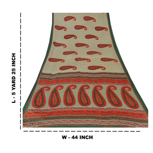 Sanskriti Vintage Cream Sarees Moss Crepe Printed Sari Decor 5 Yd Craft Sustainable Fabric