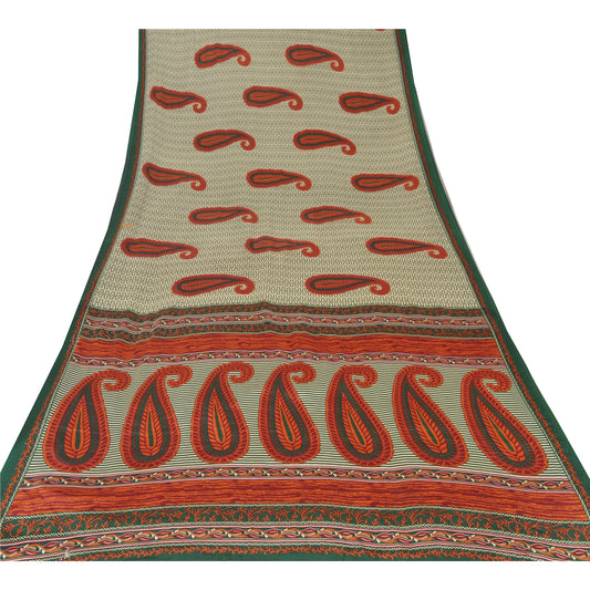 Sanskriti Vintage Creme Sarier Mos Crepe Trykt Sari Dekor 5 Yard Håndværk Bæredygtigt Stof