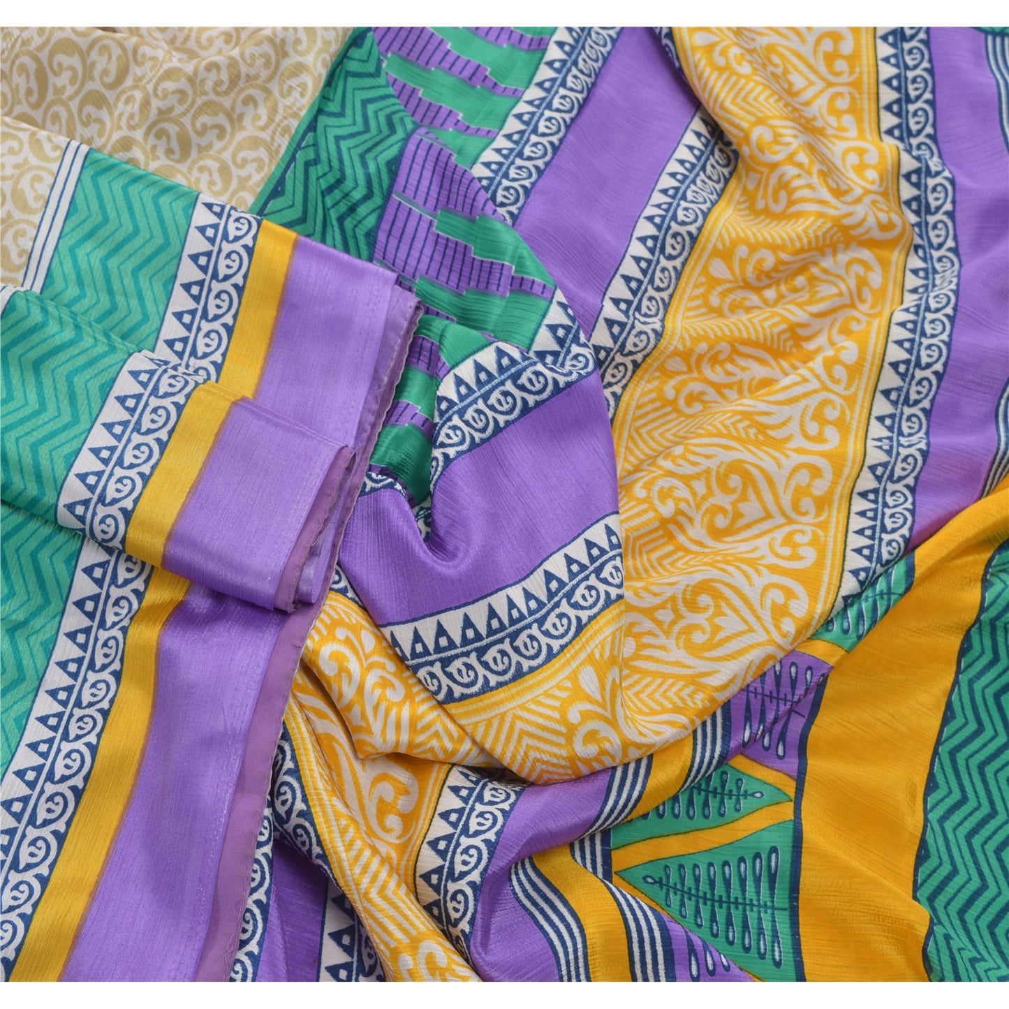 Sanskriti Vintage Cream Sarees Moss Crepe Floral Printed Craft Sustainable Fabric Soft Sari