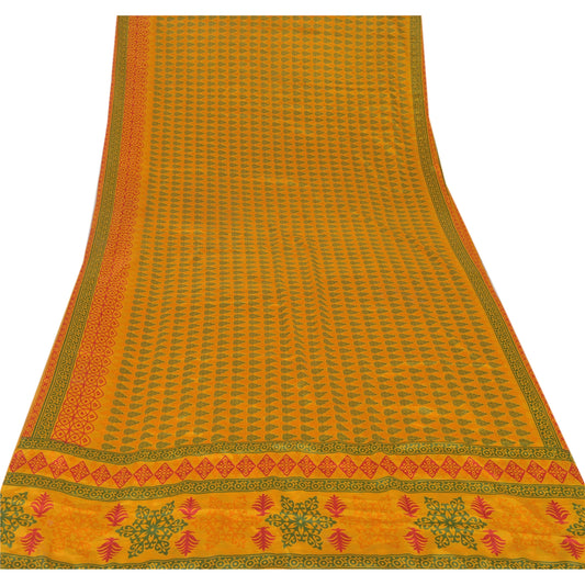 Sanskriti Vintage Yellow Sarees Moss Crepe Printed Sari Soft Decor Craft Sustainable Fabric