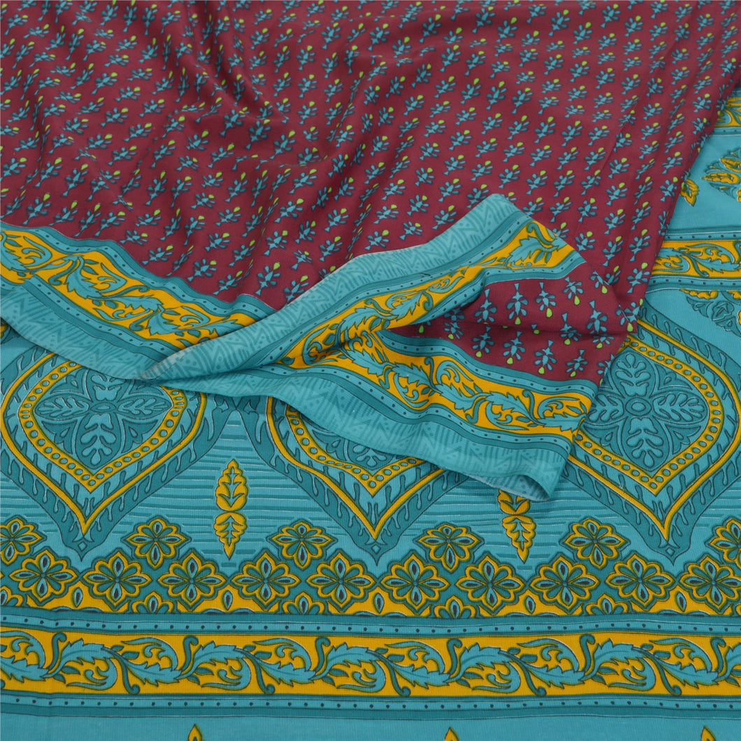 Sanskriti Vintage Purple Sarees Moss Crepe Printed Sari 5 Yd Craft Decor Fabric