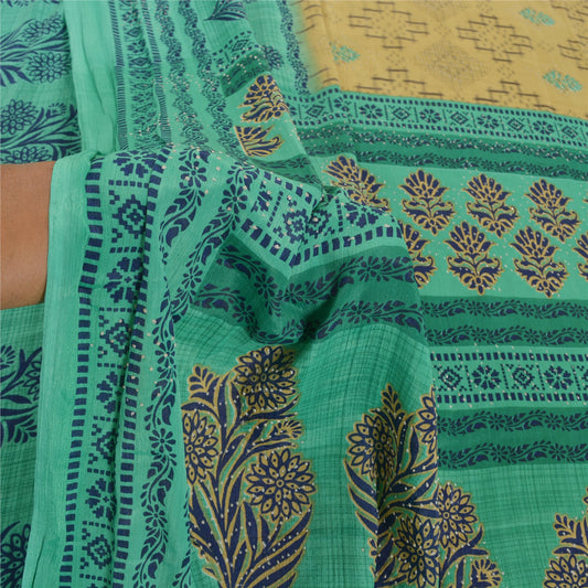 Sanskriti Vintage Beige Indian Sarees Moss Crepe Printed Mukesh Work Sari Sustainable Fabric