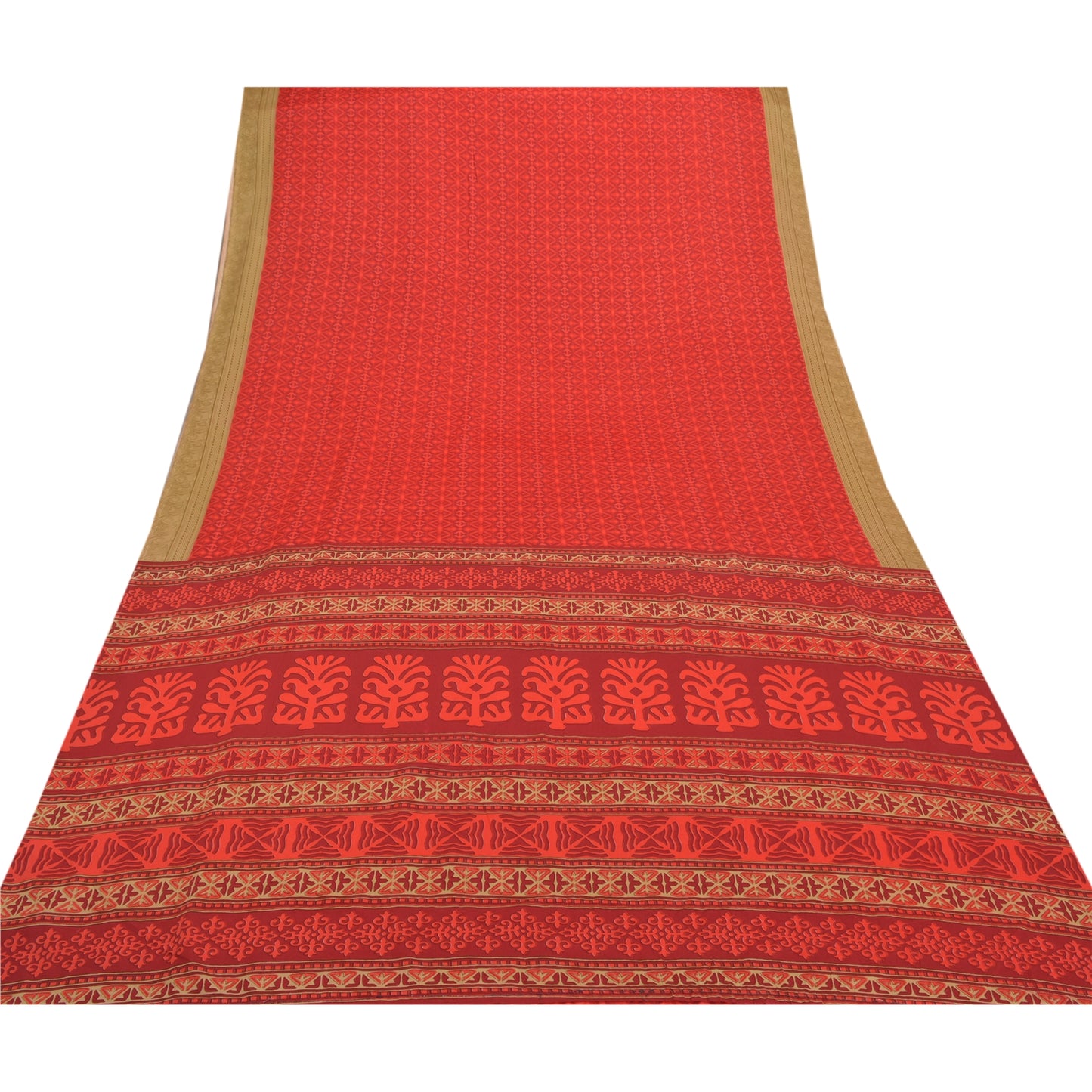 Sanskriti Vintage Red Indian Sarees Moss Crepe Printed Sari 5 YD Craft Sustainable Fabric