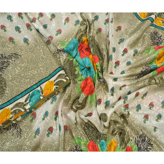 Sanskriti Vintage Cream Sarees Moss Crepe Digital Printed Sari 5 YD Craft Sustainable Fabric