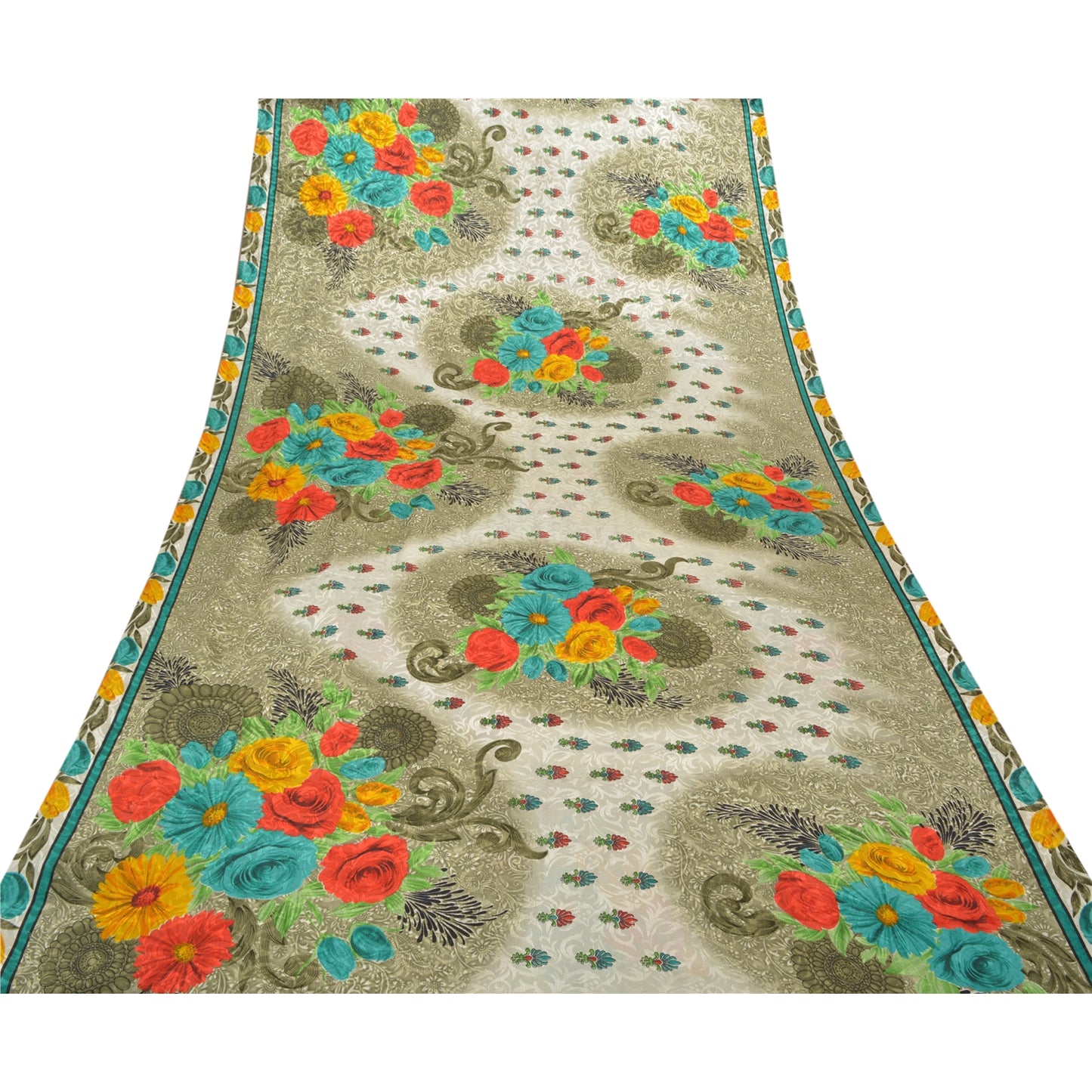 Sanskriti Vintage Cream Sarees Moss Crepe Digital Printed Sari 5 YD Craft Sustainable Fabric