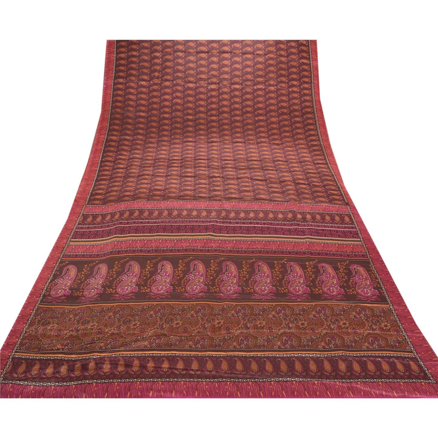 Sanskriti Vintage Brown Sarees Moss Crepe Printed Blouse Piece Sari Craft Sustainable Fabric