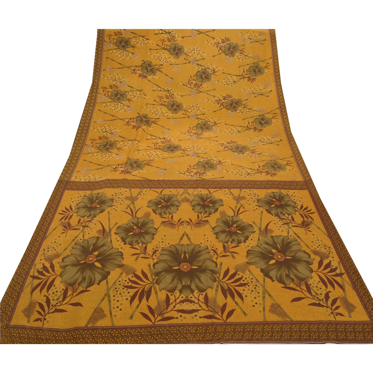 Sanskriti Vintage Mustard Sarees Moss Crepe Printed Sari 5YD Craft Sustainable Fabric
