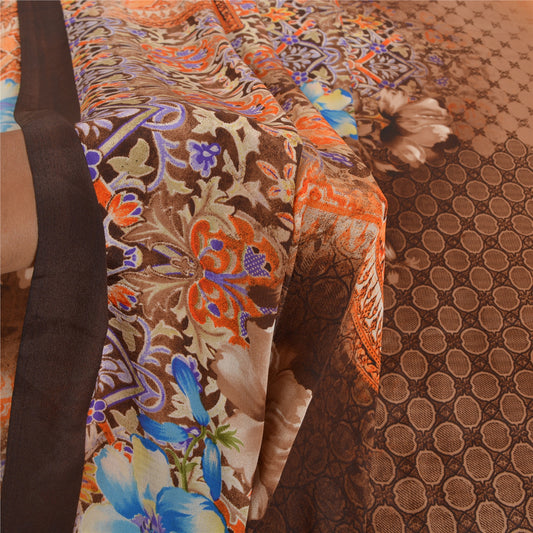 Sanskriti Vintage Brown Sarees Moss Crepe Digital Printed Sari 5YD Craft Sustainable Fabric