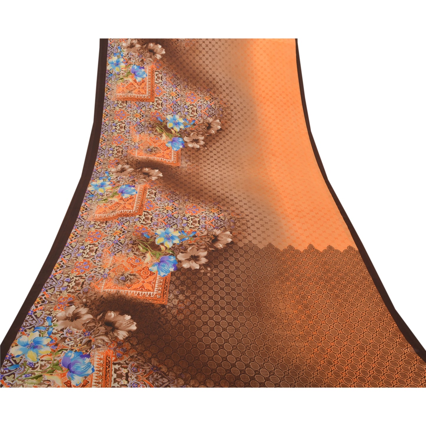 Sanskriti Vintage Brown Sarees Moss Crepe Digital Printed Sari 5YD Craft Sustainable Fabric