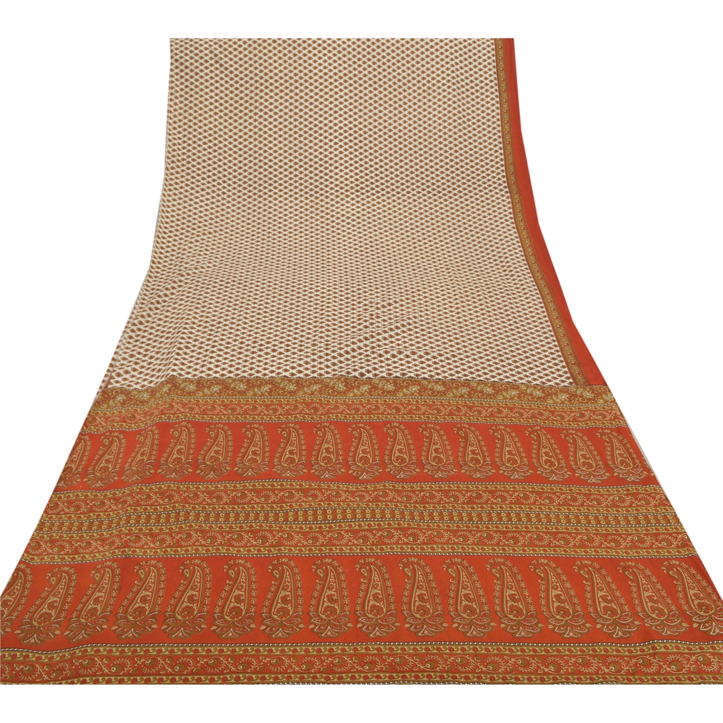 Sanskriti Vintage Cream Indian Sarees Moss Crepe Printed Sari 5 YD Craft Sustainable Fabric