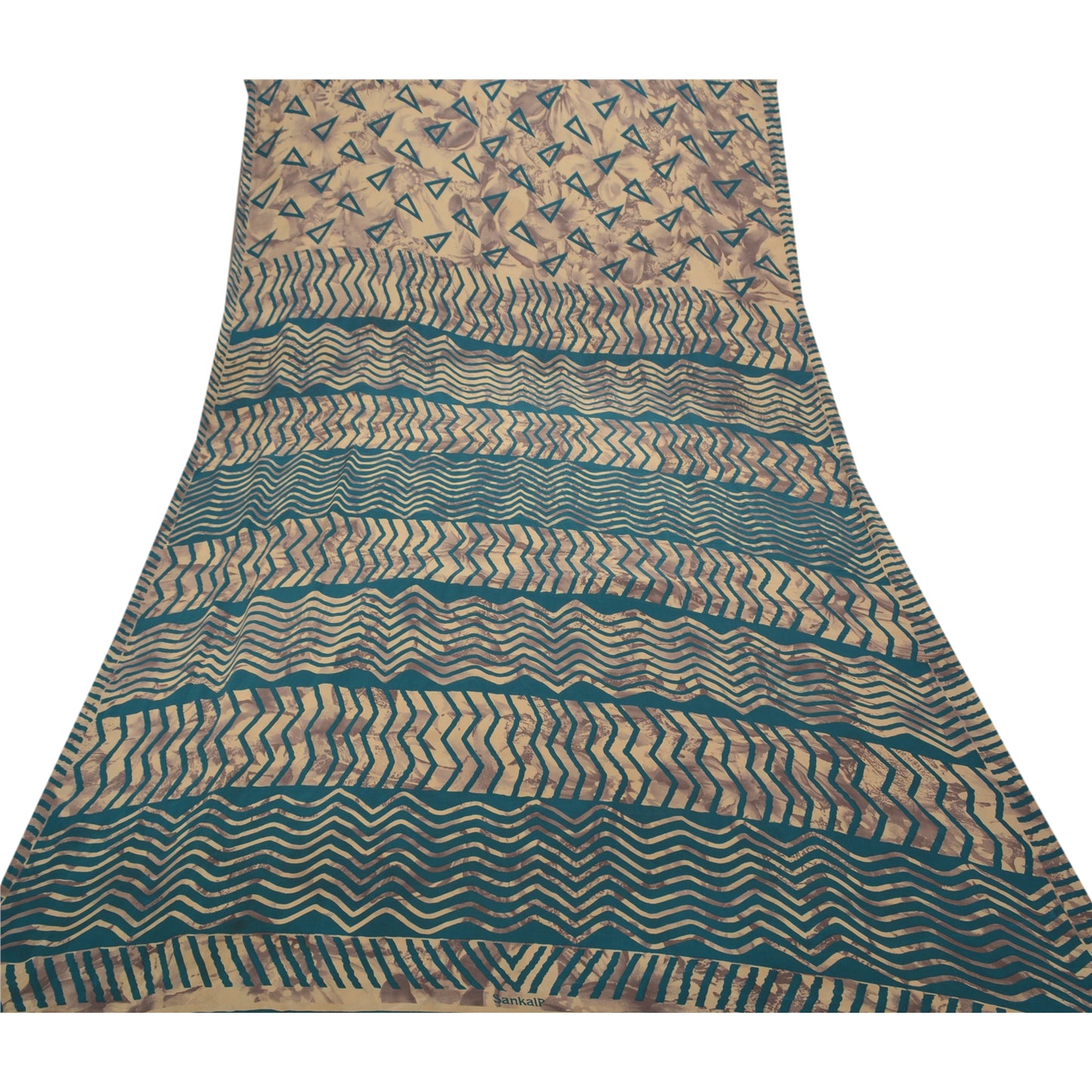 Санскрити Винтаж Крем Индийские Сари Мосс Креп Печатный Сари 5 YD Craft Экологичная Ткань