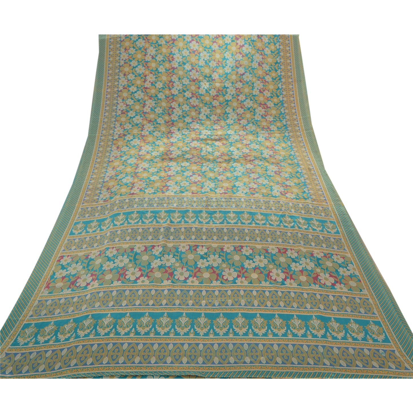 Sanskriti Vintage Green Sarees Moss Crepe Printed Sari Floral 5 YD Craft Sustainable Fabric