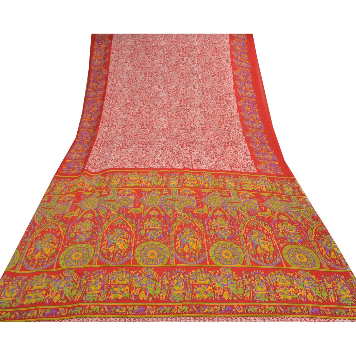 Sanskriti Vintage Red Sarees Moss Crepe Human Patten Printed Sari Craft Sustainable Fabric