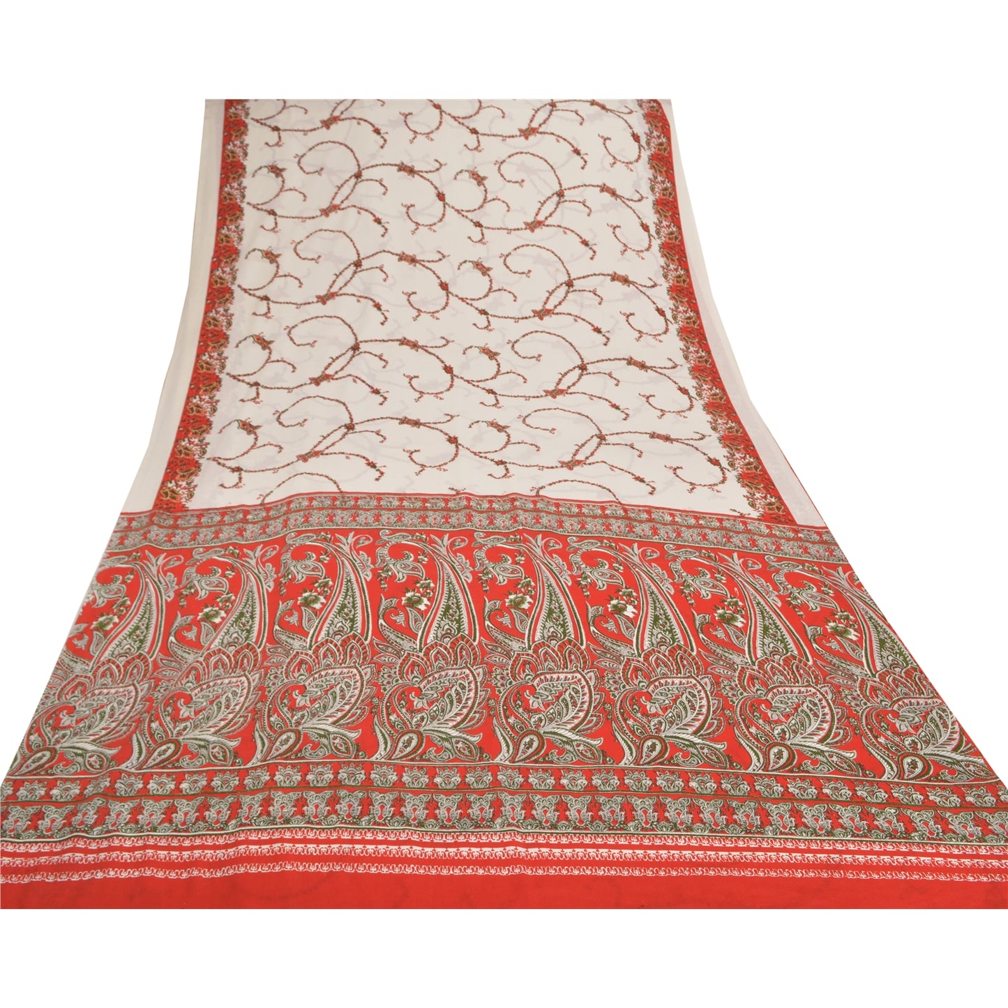 Sanskriti Vintage Cream Indian Sarees Moss Crepe Printed Sari 5YD Craft Sustainable Fabric