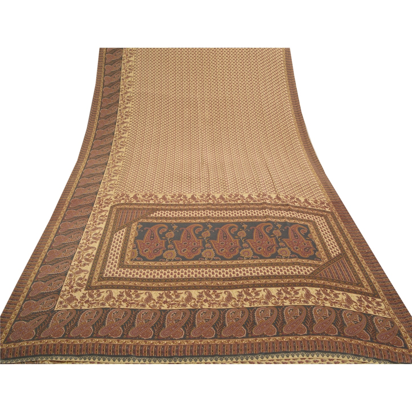 Sanskriti Vintage Cream Indian Sarees Moss Crepe Printed Sari Soft Craft Sustainable Fabric