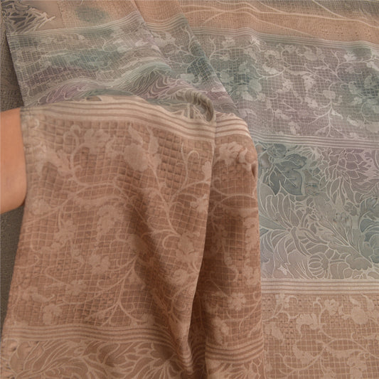 Sanskriti Vintage Gray Indian Sarees Moss Crepe Printed Sari Soft Craft Sustainable Fabric