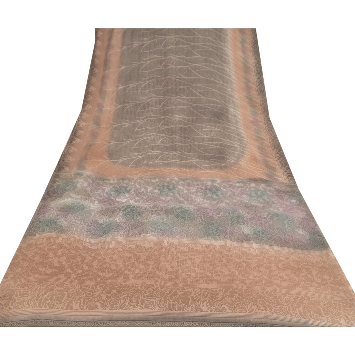 Sanskriti Vintage Gray Indian Sarees Moss Crepe Printed Sari Soft Craft Sustainable Fabric