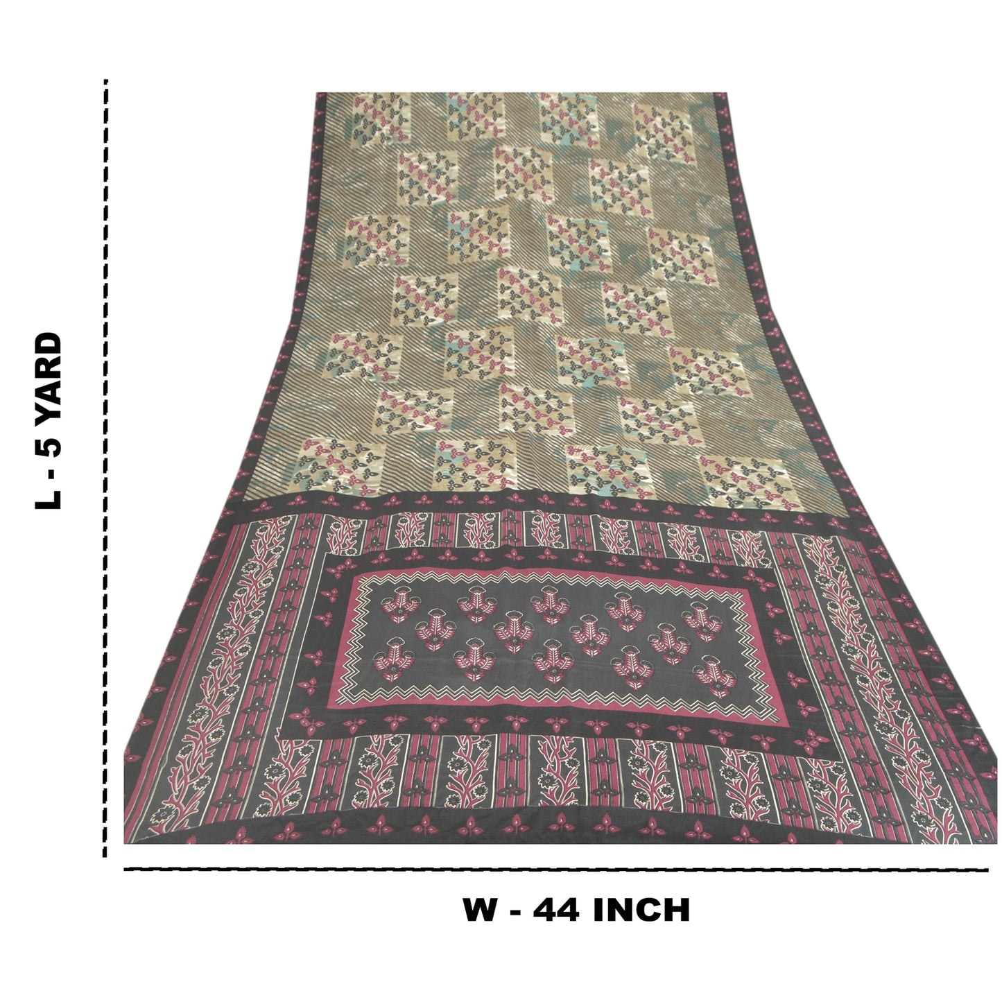 Sanskriti Vintage Green Sarees Moss Crepe Printed Sari 5YD Floral Craft Sustainable Fabric